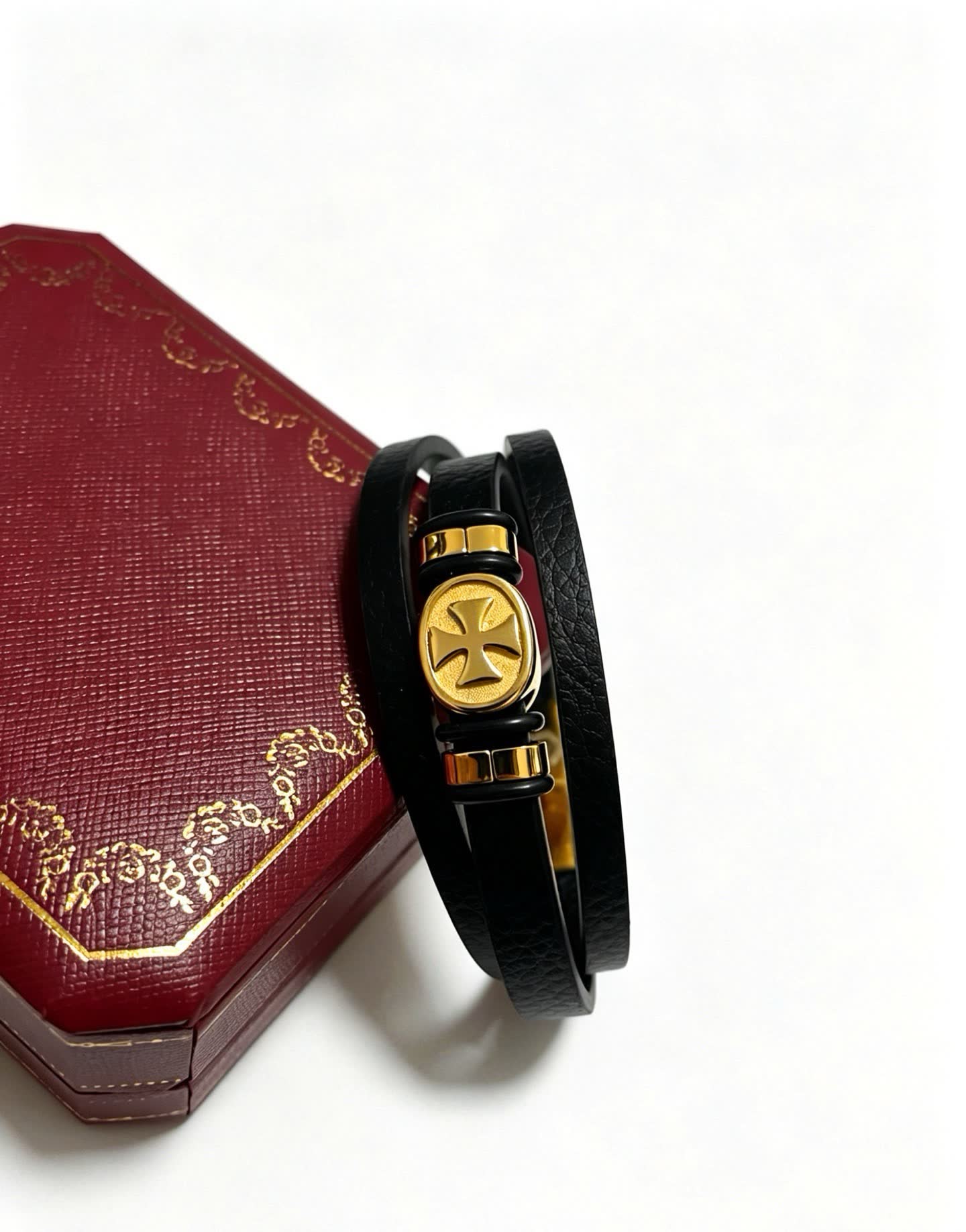 Chrome Hearts Black Leather Bracelet with Gold Cross